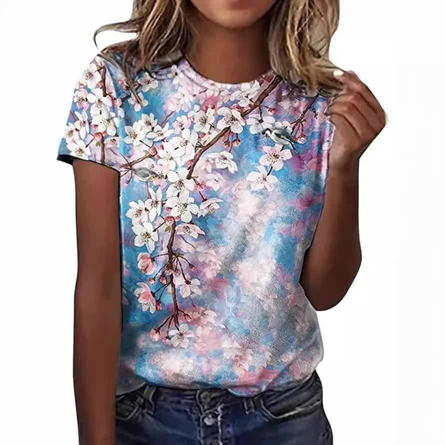 Летний топ с круглым вырезом и 3D-цветочным принтом, модные повседневные женские футболки с короткими рукавами
