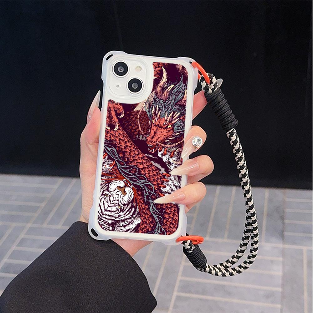 Ae77 Dragon Design Art Soft Phone Cases for iPhone 16 15 14 13 12 11 Pro Max 7 8 Plus XR XS Max with Wrist Strap Lanyard Corner Protection Back Cover