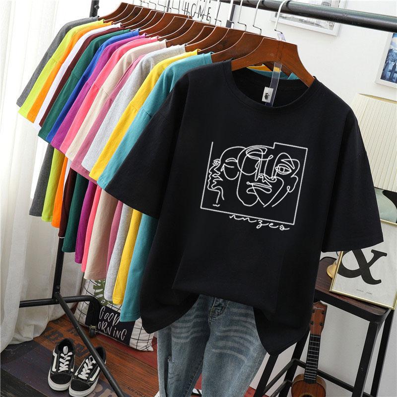 Hirsionsan Fashion Abstract Line Printed T Shirt Women Funny Graphic Soft Loose Female Tees Cotton Summer Casual Tops Khaki Tshirts 2021