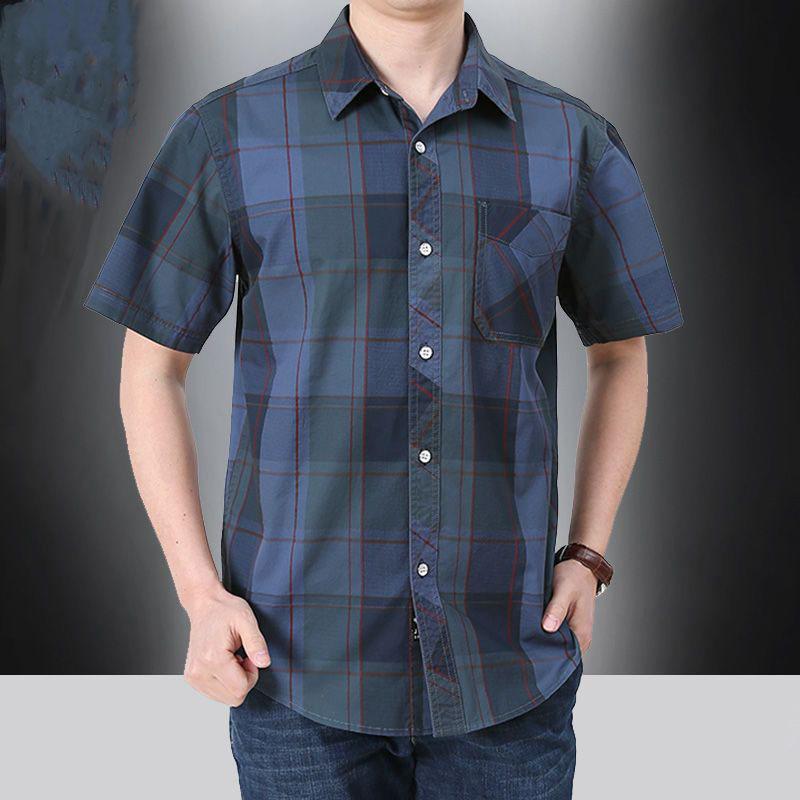 Summer Men Short Sleeve Shirt Streetwear Fashion Lapel Business Plaid Casual Tops Plus Size