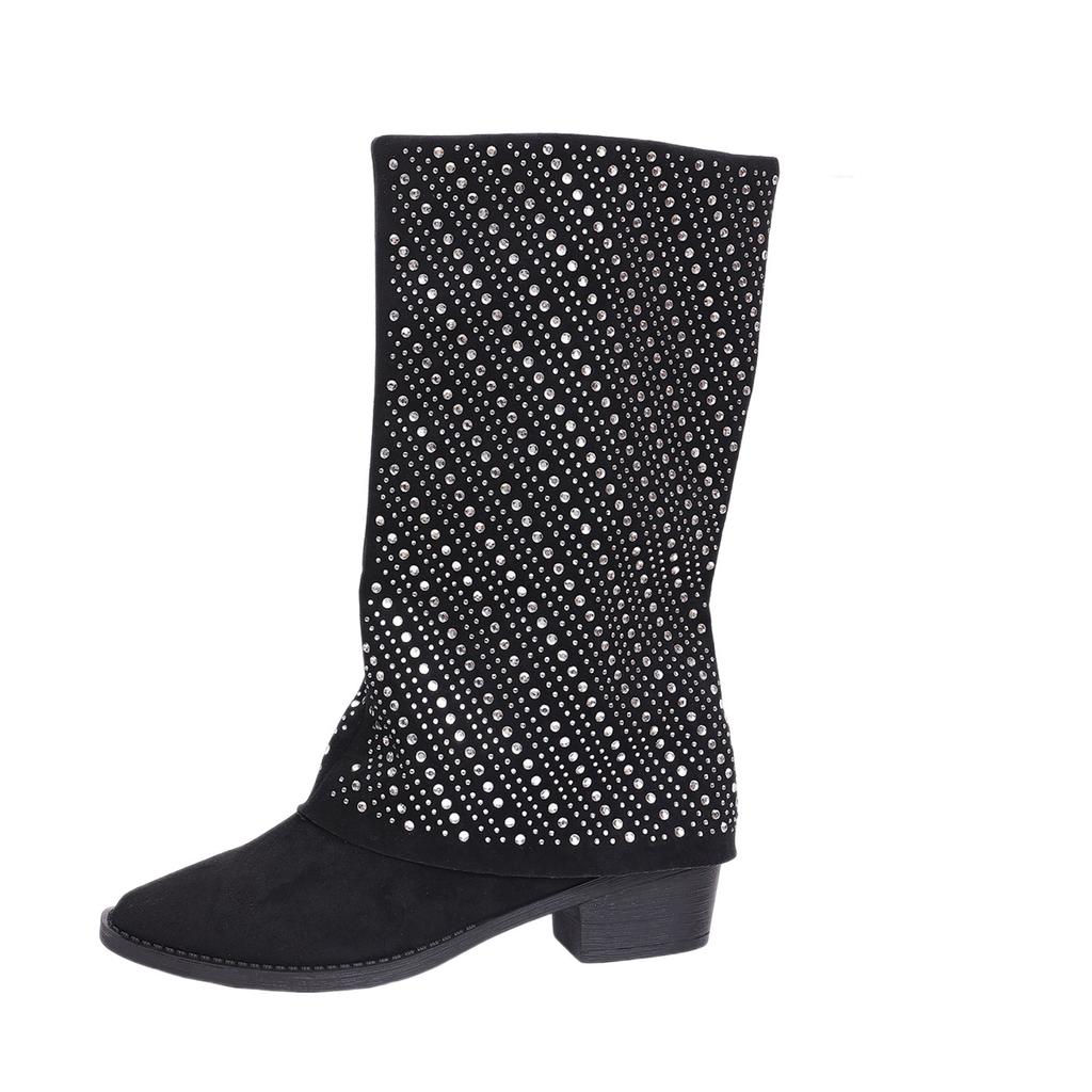 Women's medium boots frosted leather diamond-encrusted thick heel medium boots autumn and winter new large size versatile fashion Martin boots