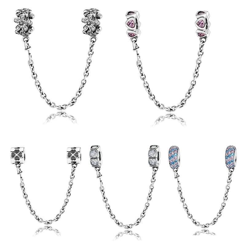 Real Sterling Color Charms Bead Heart Flower Round Shape Safety Chain Charms Fit Original Charm Wrist Bracelet Jewelry MakingFlower Charm