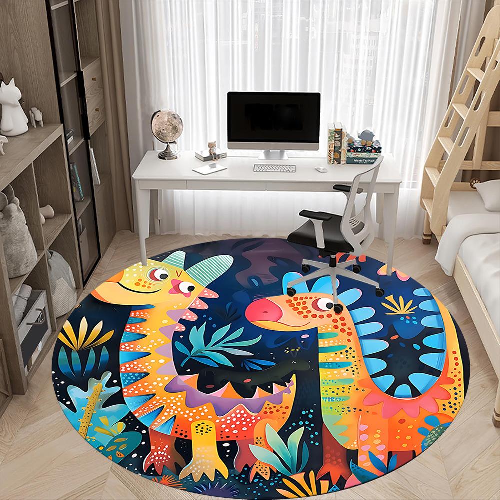 1pc Dino Friends Office Round Area Rug, Mat Suitable ForOffice, Under Office Chairs Bedroom Living Room Home Decor, Room Deco
