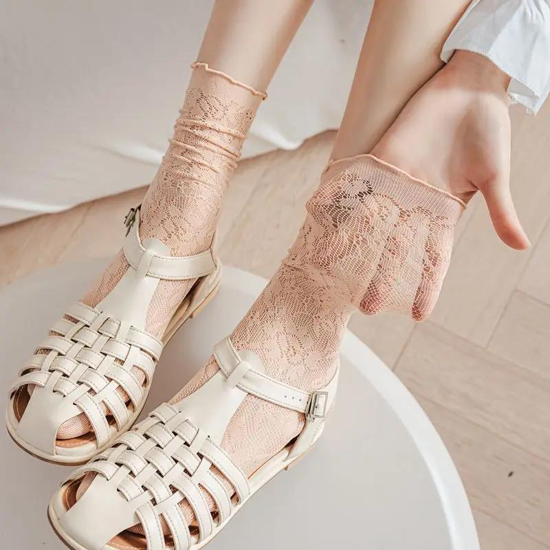 Summer Lace Hollow Out Socks Breathable Mesh Loose Long Socks Women Korean Fashion Thin Breathable Harajuku Vintage Crew Socks