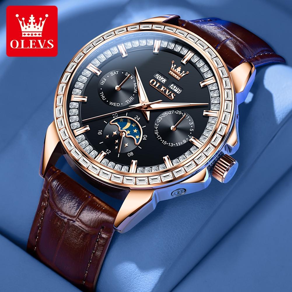OLEVS Luxury Automatic Men Watch Rose Gold Crystal Bezel Moon Phase Brown Leather Strap Multifunction Male Wristwatch Gift