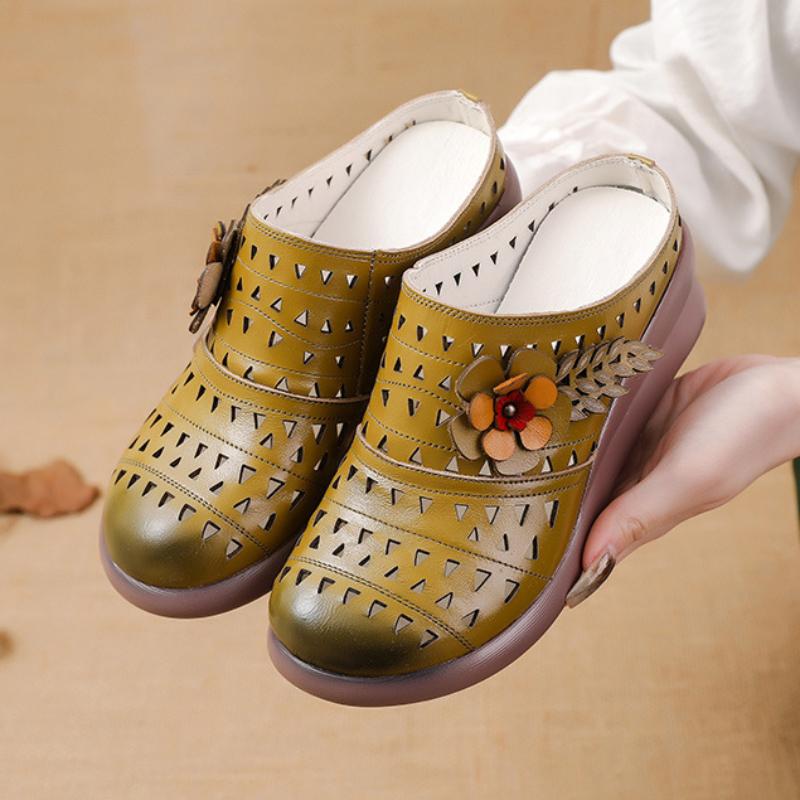 Johnature Женские тапочки из натуральной кожи с цветочным узором в этническом стиле, дышащая обувь на танкетке