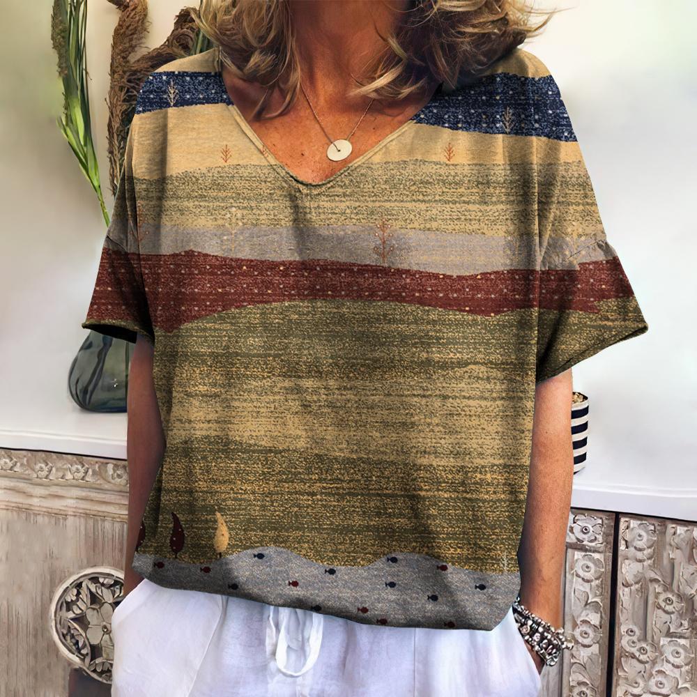 Summer Women's T-shirt Landscape V-neck T Shirt Ladies Fashion Short Sleeve Tops Retro Streetwear Fashion Clothes Female Casual