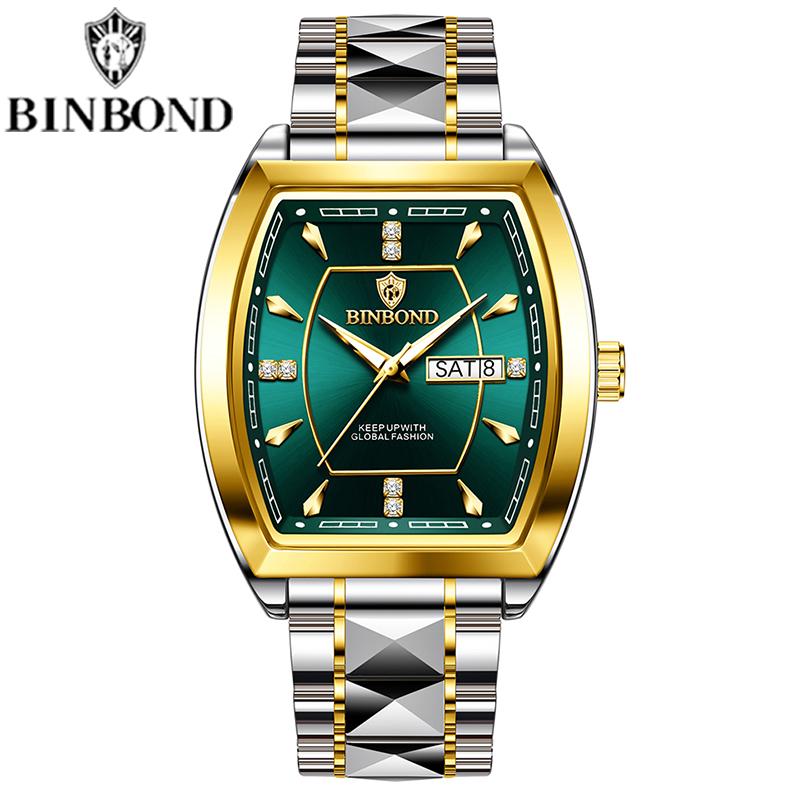 BINBOND Tonneau Dial Кварцевые Часы Для Мужчин Роскошные Алмазные Элегантные Нержавеющая Сталь Водонепроницаемые Светящиеся ТОП Бренд Мужские Наручные Часы