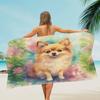 1pc Cute Pomeranian Dog & Floral Beach Towel - Soft Microfiber Quick-Dry Large Rectangular Bath Towel with Pomeranian Dog Print