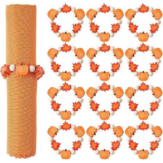 APTWOW Fall Thanksgiving Napkin Rings Set of 12, Pumpkin Maple Leaf Wooden Bead Napkin Rings for Fall Thanksgiving Decorations, Fall Thanksgiving