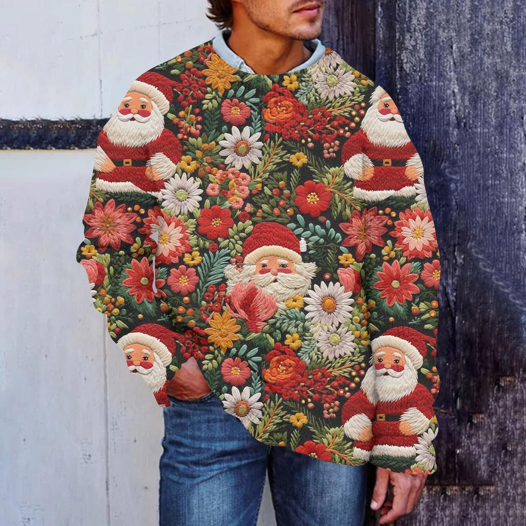Мужской рождественский принт, искусственный свитер, толстовка с круглым вырезом, свободный топ с длинными рукавами
