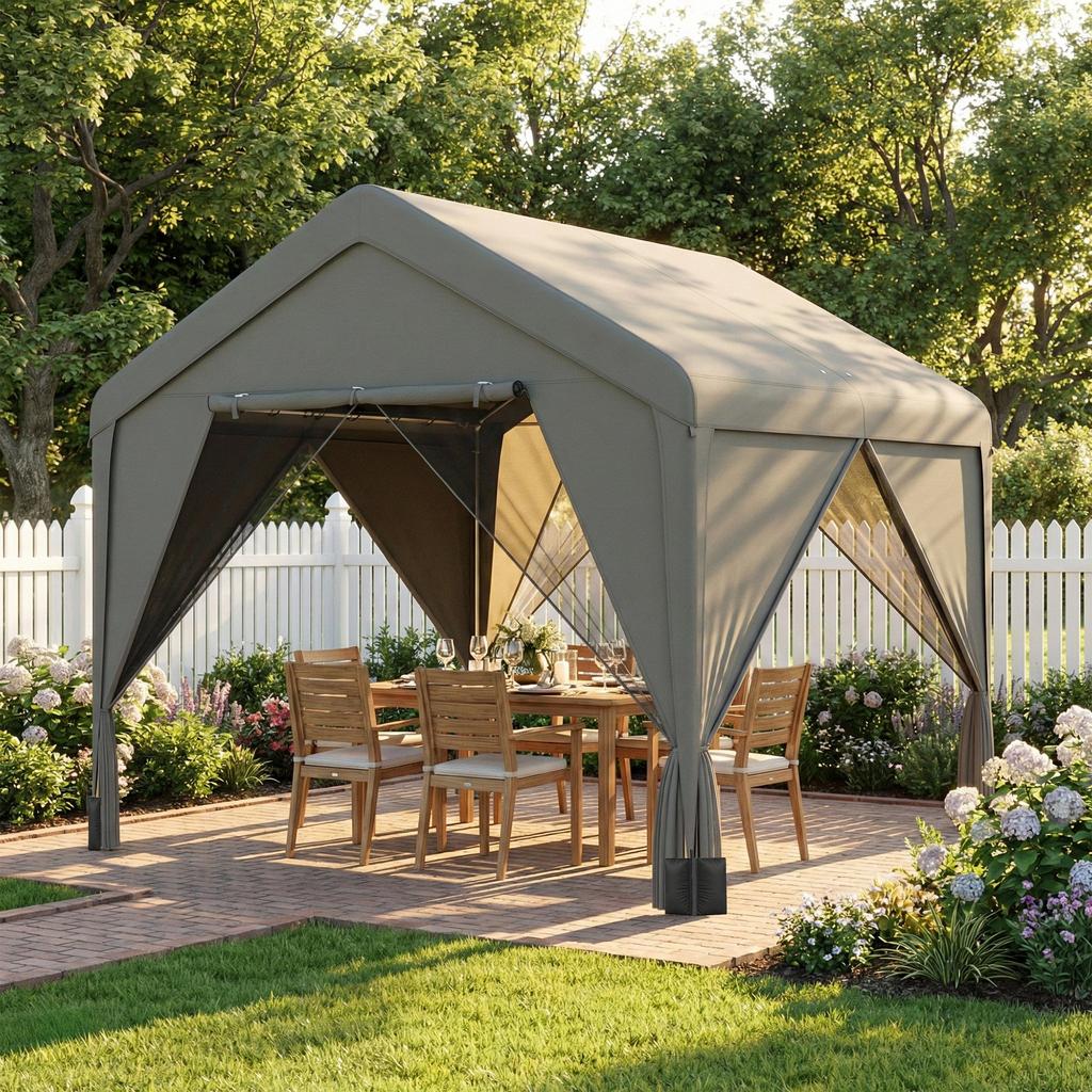 3 x 3 m Patio Gazebo with Netting & Curtains, Outdoor Canopy Shelter with Galvanised Steel Frame, Dark Grey