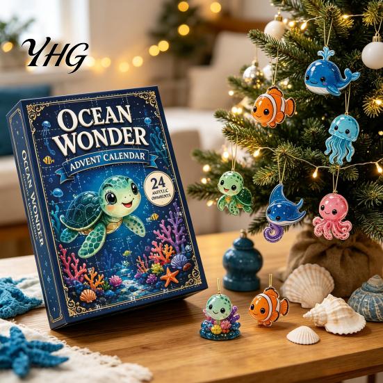 Decorative Hanging Charms Ocean Advent Calendars 2026, Marine Themed 24 Days Christmas Countdown Calendar, Gift Box 2D Acrylic Sea Animal Ornament for