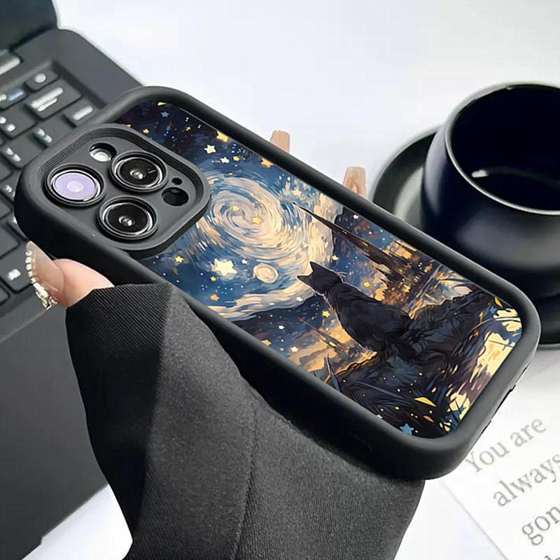 Starry Night Black Cat Moon Wave Silhouette Art Phone Case for iPhone 17 16 15 14 13 12 11 Series Pro Max Plus