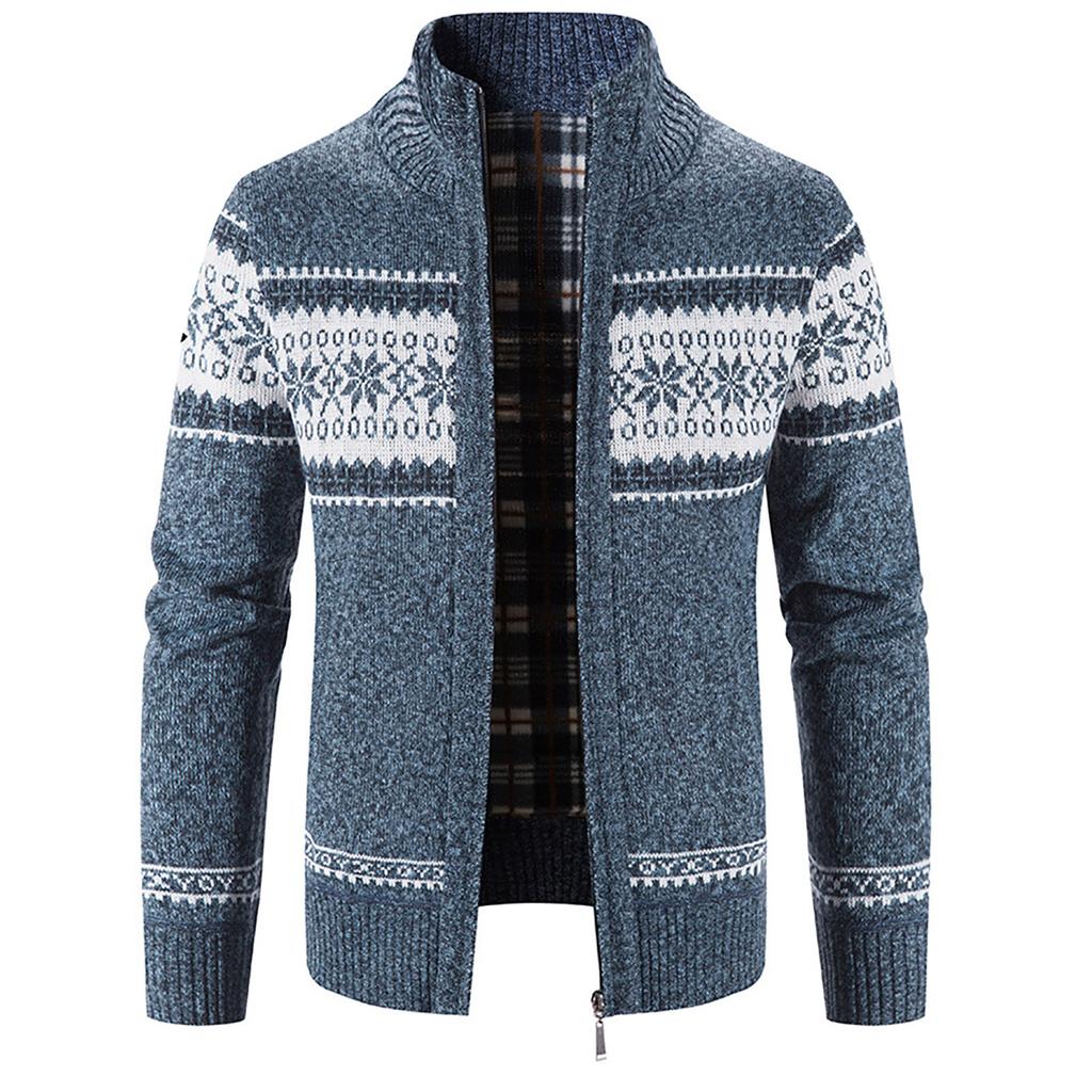 Men's Casual Autumn Winter Zipper Sweater Stand Collar Printed Cardigan Tops Sweater Blouse Coat