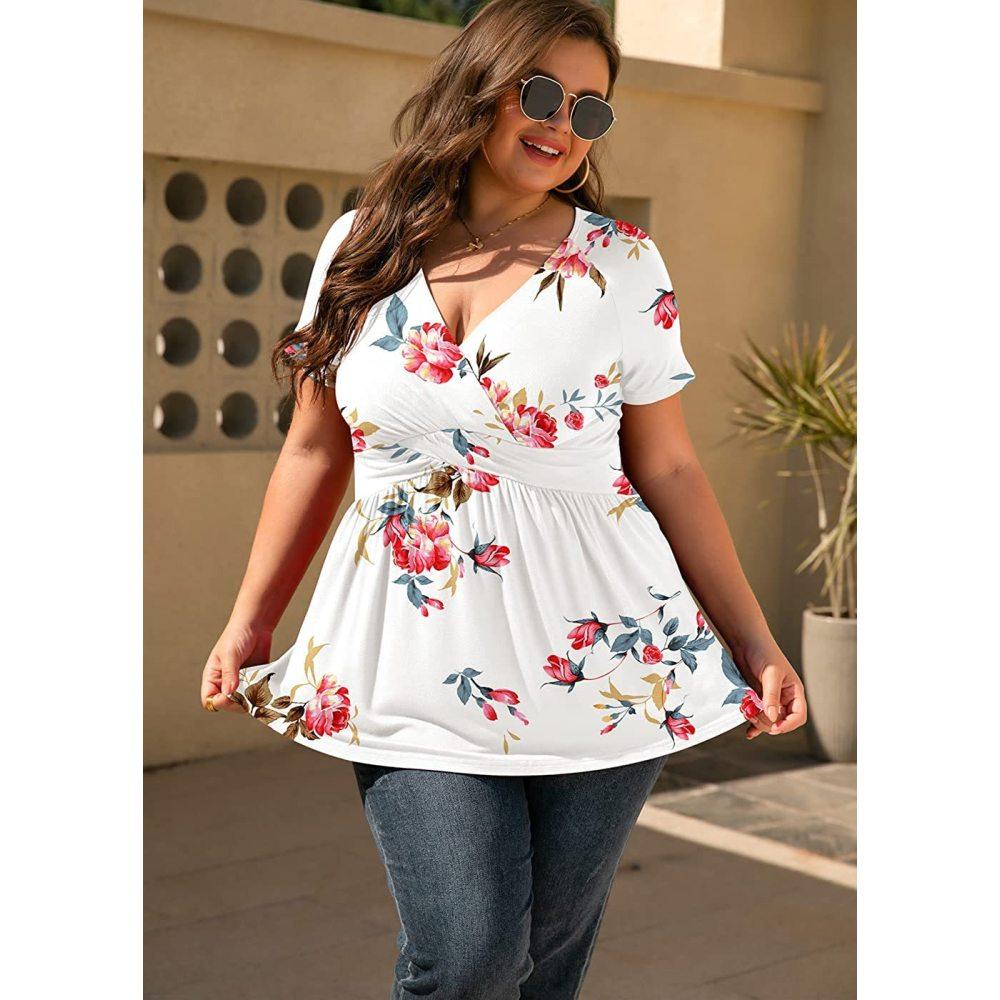 Plus Size Women's Spring and Summer V-neck Printed Short-sleeved T-shirt