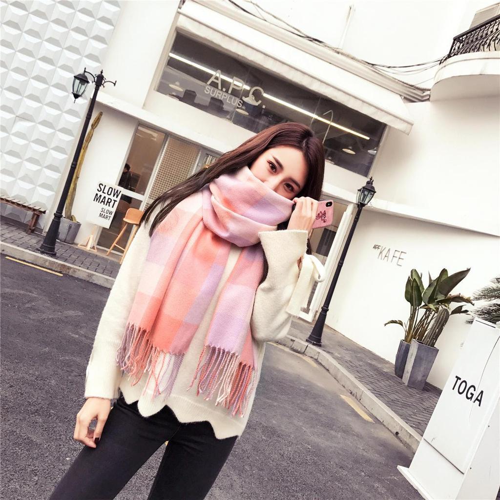Клетчатый зимний шарф для женщин - шаль с кисточками в корейском стиле из искусственного кашемира