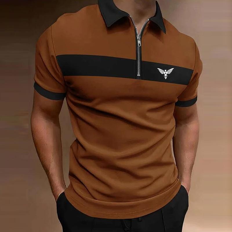 Мужская рубашка-поло на молнии с короткими рукавами, весна-лето, мужская рубашка-поло с лацканами с вышивкой.