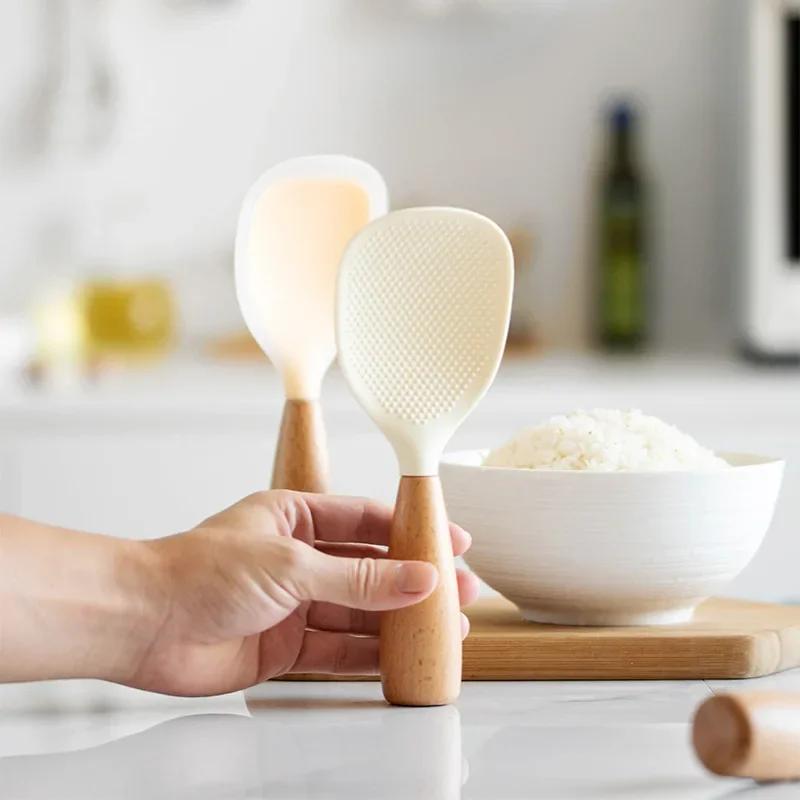 Creative Vertical Silicone Rice Spoon High Temperature Resistant Wooden Handle Non-stick Rice Spoon Household Rice Cooker Spoon