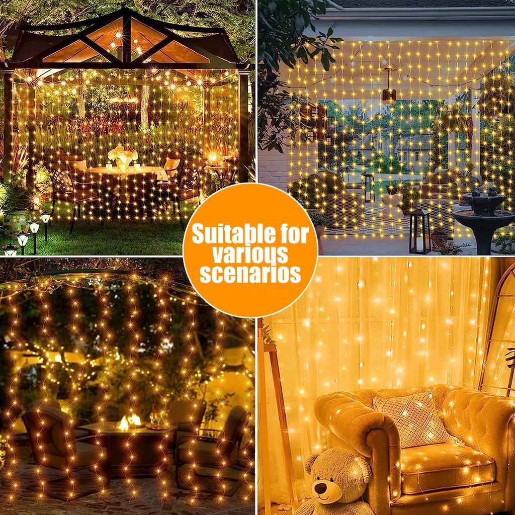 Solar Curtain String Lights Outdoor Fairy Lights Powered Twinkle String Lights 8 Modes for Home Garden Patio Christmas Decor