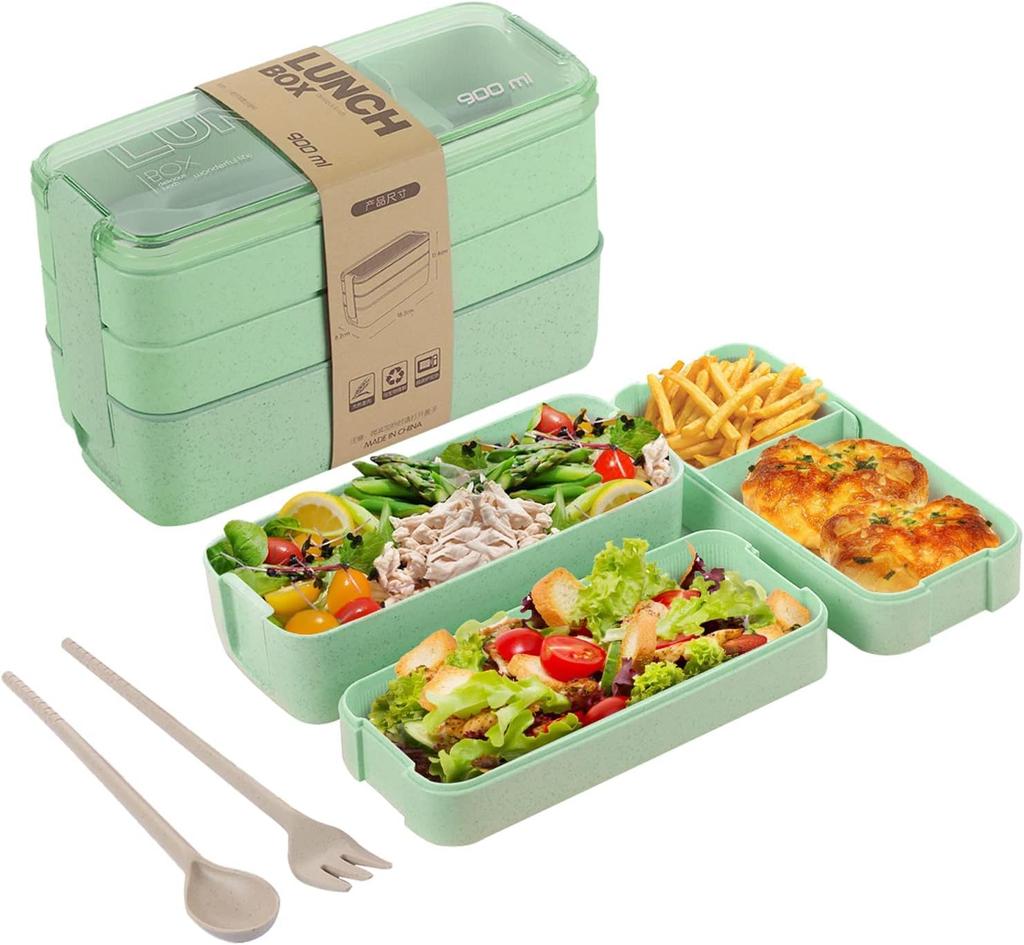 Bento Box for Adults, 3-In-1 Meal Prep Container, 900ML Lunch Box with Compartment, Wheat Straw, Leak-proof, Spoon & Fork