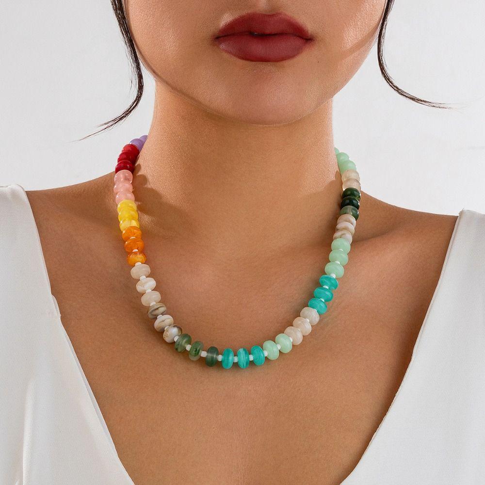 Acrylic Colorful Beads Choker Necklace Bohemian Y2K Neck Jewelry Rainbow Clavicle Chain for Women