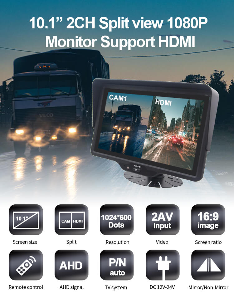 Monitor Do Kamery Cofania 10" 1 Ch Hdmi 2 Ch Ahd 12-24V