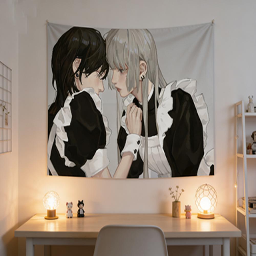 Cute Maid Style Black White Flannel Wall Hanging Tapestry for Bedroom Headboard Decor Cute And Stylish Wall Hanging