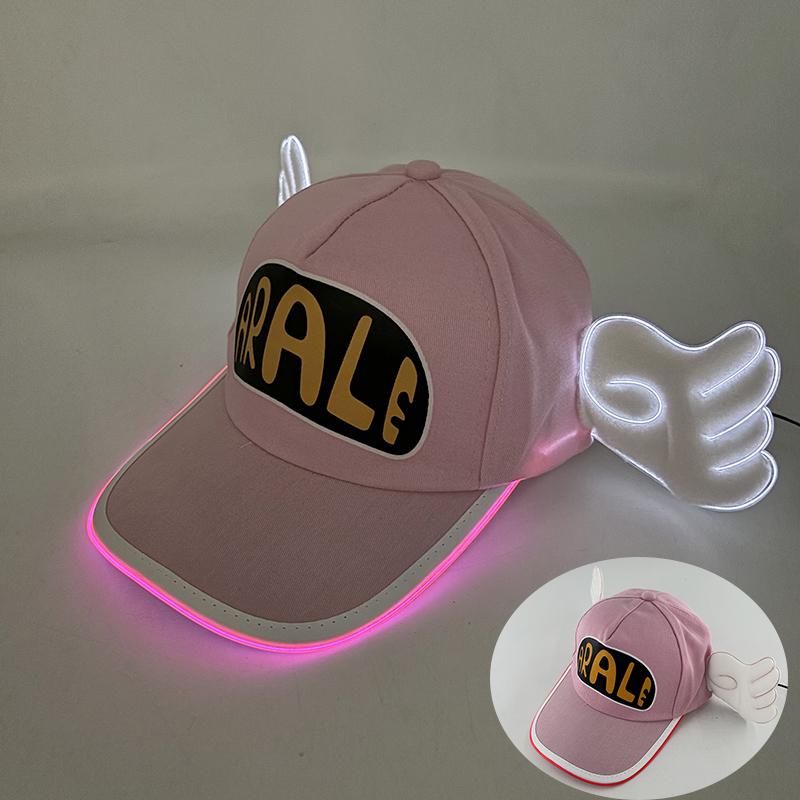 Kawaii Anime Glowing Neon Arale Hat Dr.Slump LED Light Pink Baseball Cap Cosplay Party Props Luminous Hat With Angel Wings Decor