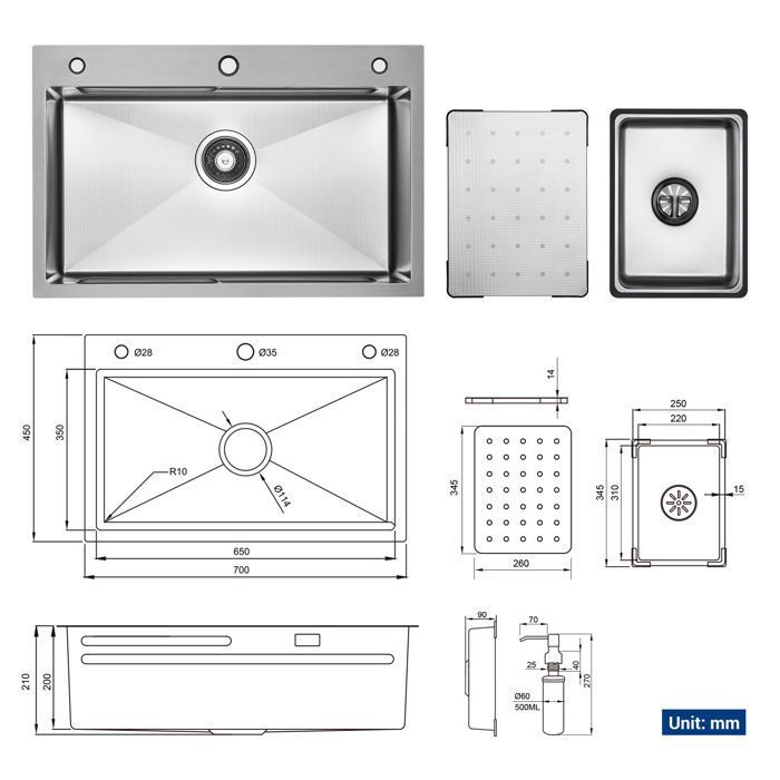 Évier de cuisine - Inox - 70x45cm - Robinetterie extractible - 1 bac - Argent