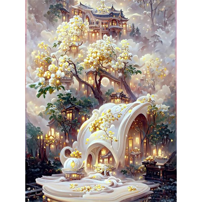 5D DIY Алмазная картина Природа Пейзаж Дом Строительство Алмазная вышивка Картина Полная круглая Алмазная мозаика DIY Домашний декор Подарок