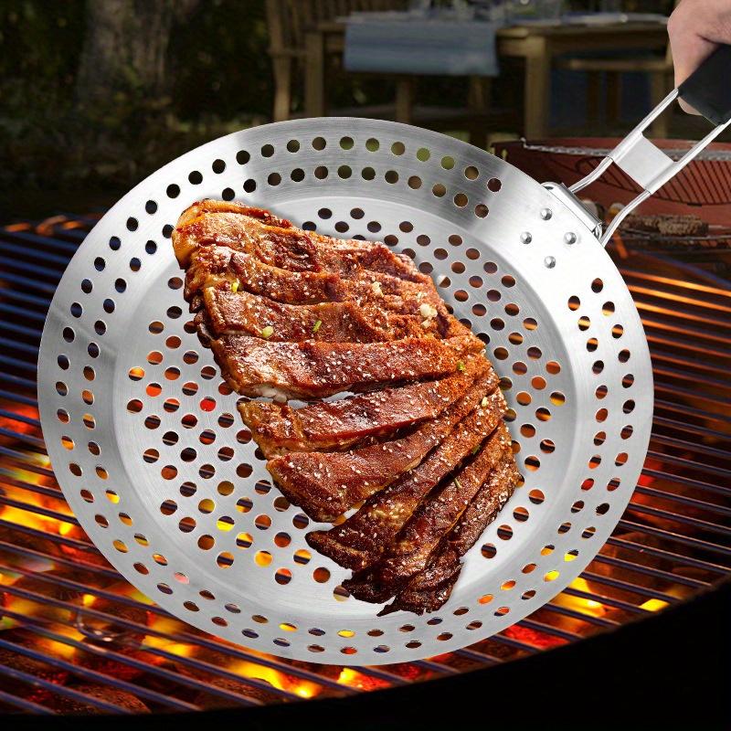 Stainless Steel BBQ Grill Pan , Round Perforated Grilling Basket with Handle, Outdoor Grill Topper for Vegetables, Meat, Pizza