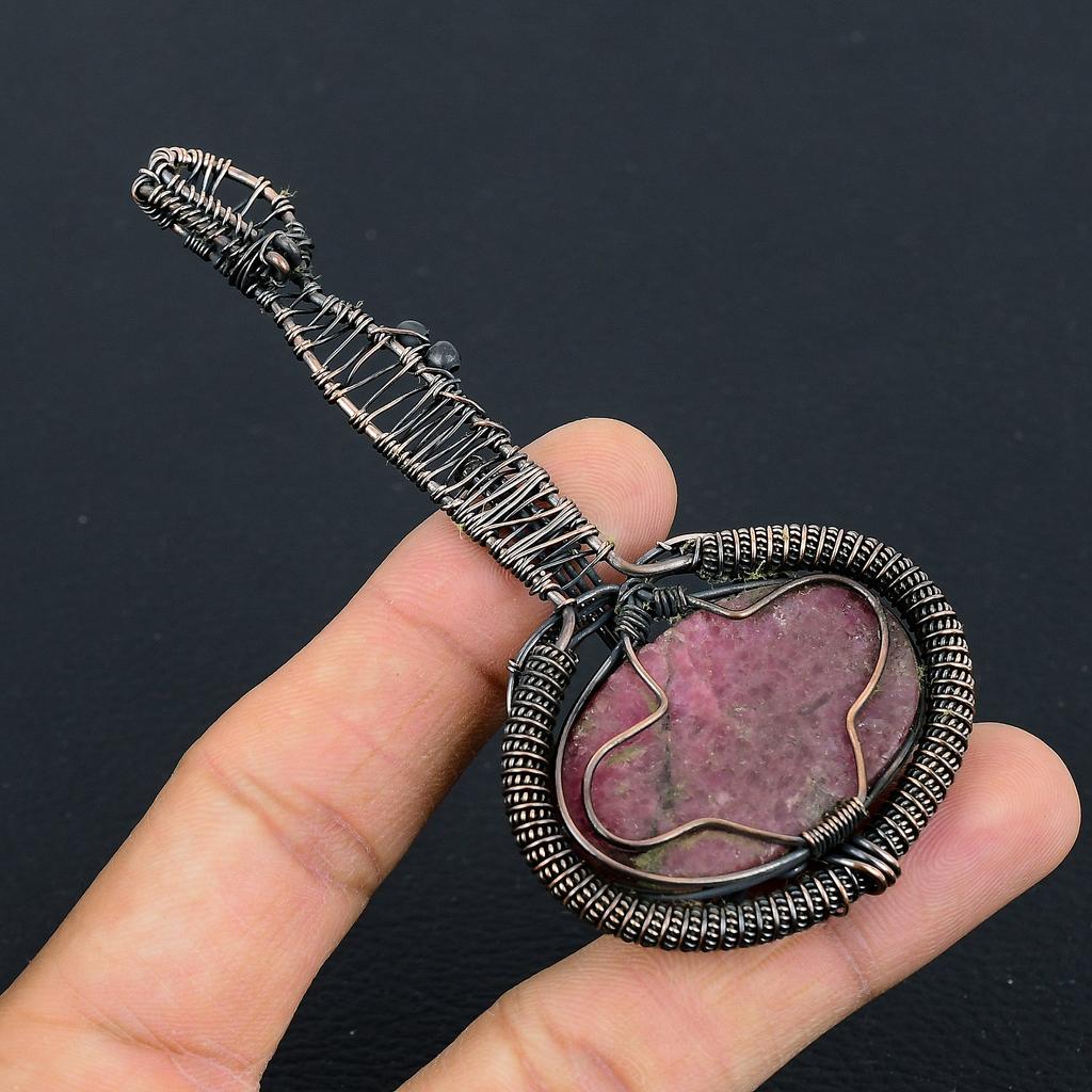 Rhodonite Handmade Copper Wire Wrap Guitar Pendant 3.1 K5g61
