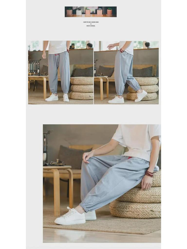 Мужские широкие шаровары из хлопка и льна в китайском стиле — летние тонкие манжеты, свободный крой, размер плюс, длина девять точек.
