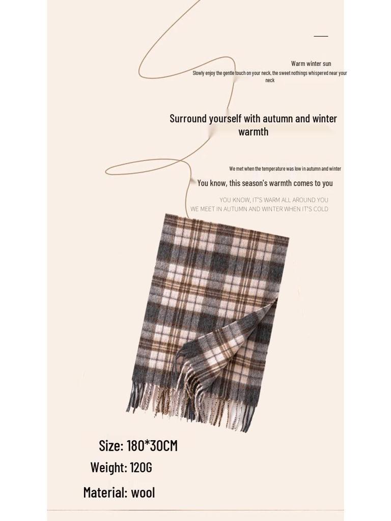 Women's 100% Wool Plaid Scarf - Korean Style, Autumn/Winter 2025, Long Tassel Shawl, Cold-Proof and Warm