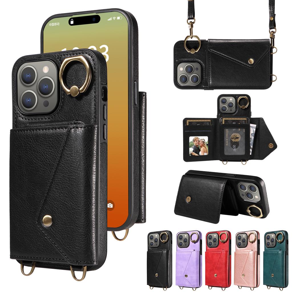 Для iPhone 15 серии. Для iPhone 15, 15 Plus, 15 Pro, 15 Pro Max плечевой ремень веревка кольцо кронштейн дизайн держатель для карт слоты личи узор чехол для телефона