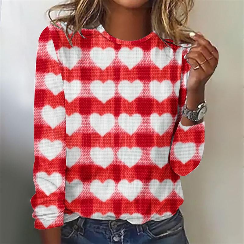 Love Heart Graphic 3D Digital Printed Women's Fashionable and Personalized Round Neck Long Sleeved T-shirt