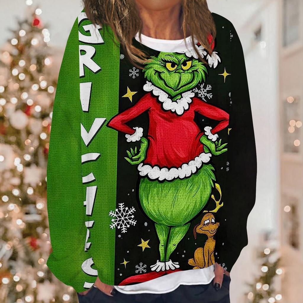 Женская повседневная модная толстовка с длинным рукавом и круглым вырезом с рождественским принтом, многослойный пуловер, топ