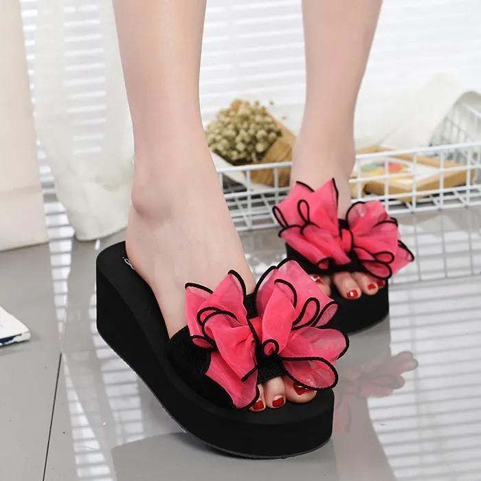 Женские летние сандалии с бантом, тапочки, домашняя и уличная пляжная обувь, летняя женская обувь, шлепанцы на платформе