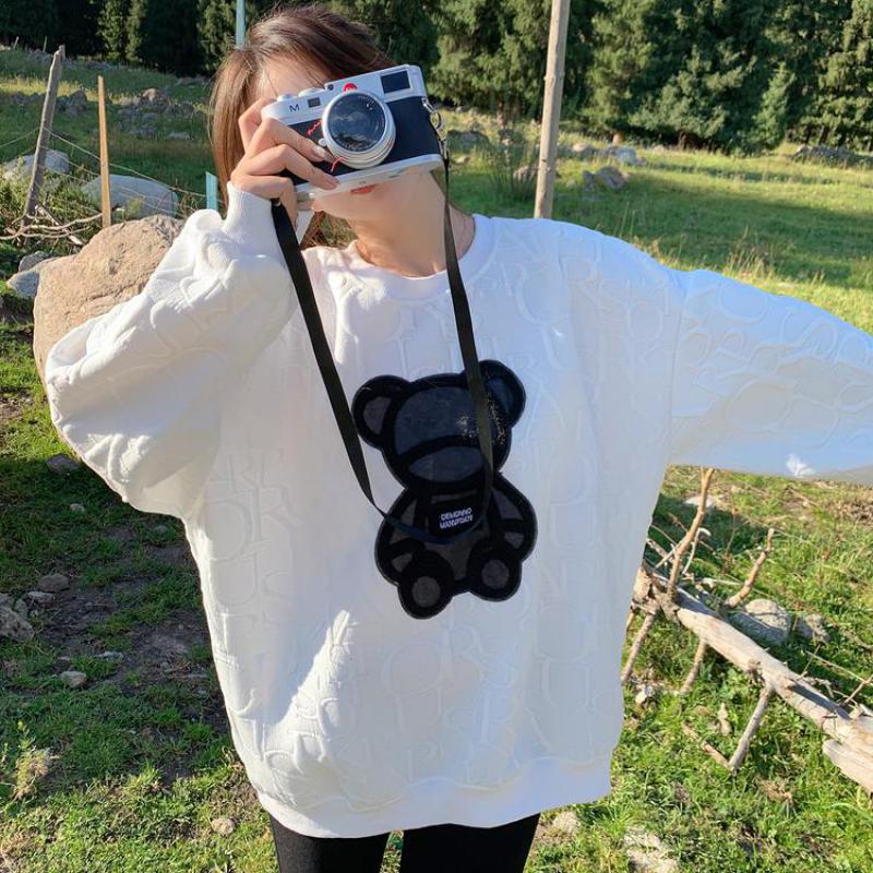 Женский корейский свитер с медведем, универсальные пуловеры снизу, топы с героями мультфильмов, уличная одежда, свободная толстовка, одежда