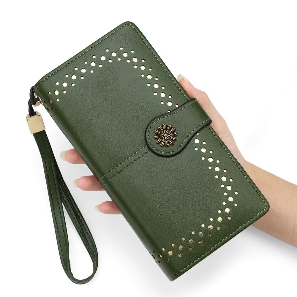 Women's Oil Wax Leather Zipper Wallet with Coin Purse & ID Holder