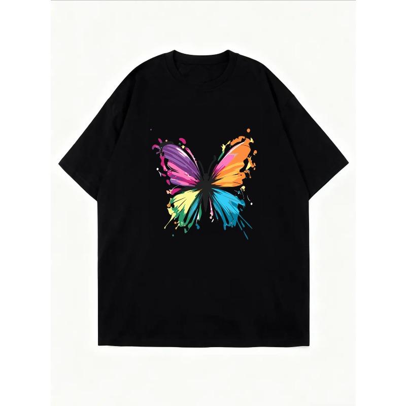 White T-Shirt With Colorful Butterfly Print For Casual Wear