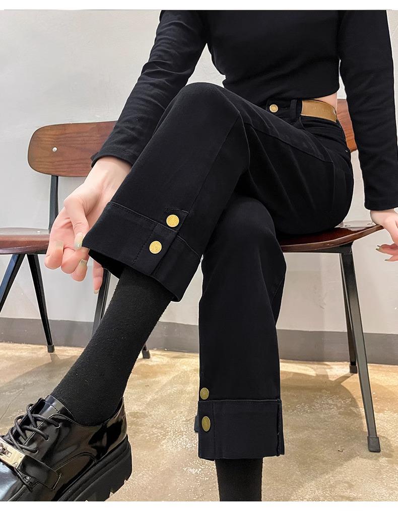 Женские джинсы-сигареты прямого кроя с высокой посадкой на флисовой подкладке: Мода Осень/Зима, Маленькая Длина Девять Девятых.