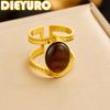 DIEYURO 316L Stainless Steel Vintage Elliptical Brown Tiger Stone Adjustable Ring Women Fashion Concise Ring Jewelry Gift