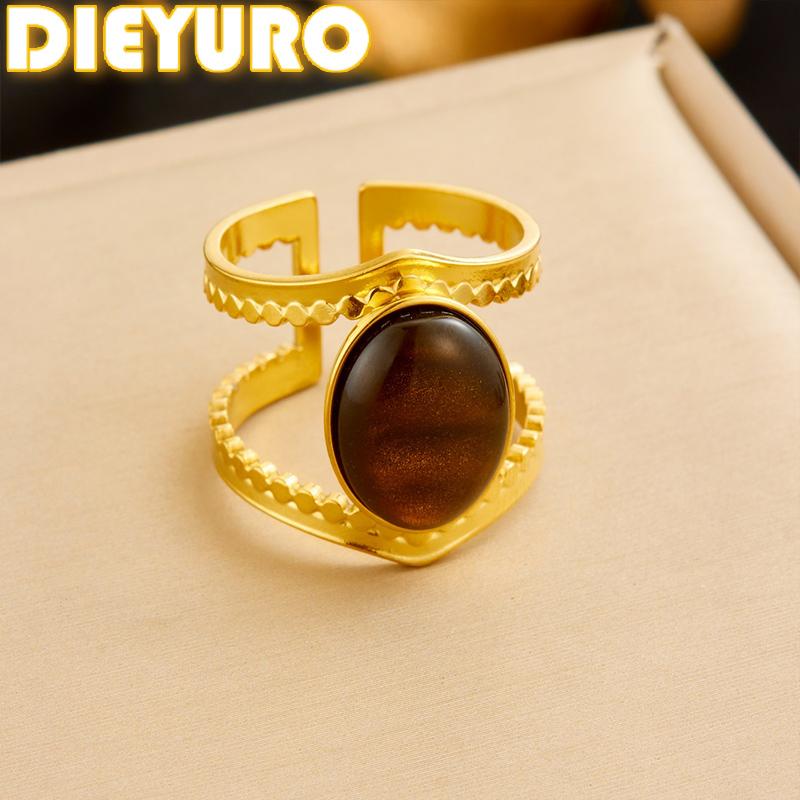 DIEYURO 316L Stainless Steel Vintage Elliptical Brown Tiger Stone Adjustable Ring Women Fashion Concise Ring Jewelry Gift