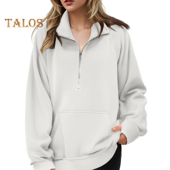 Женская толстовка осень-зима с застежкой-молнией на лацкане, с длинным рукавом и передним карманом, пуловер, однотонный свободный спортивный свитшот