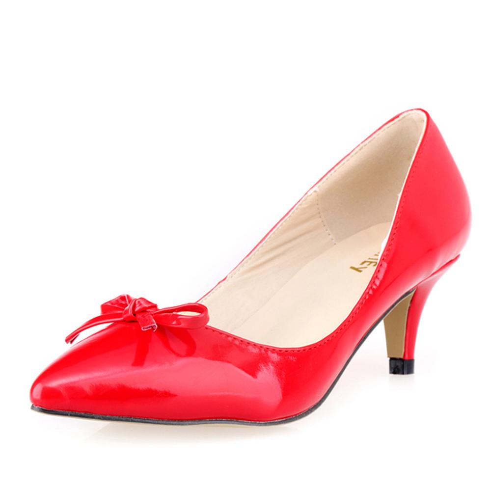 Sexy 5cm Low Kitten High Heels Shoes PU Patent Leather Pointed Toe Black Work Pumps With Bowknot Red Wedding Shoes