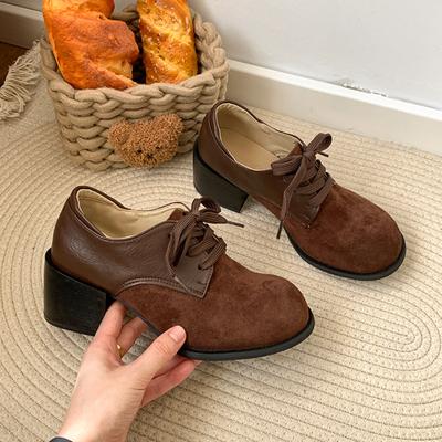 Женские туфли на низком каблуке, осенняя новинка, с круглым носком, на шнуровке, из матовой замши, на мягкой подошве, противоскользящие, износостойкие, одинарные туфли