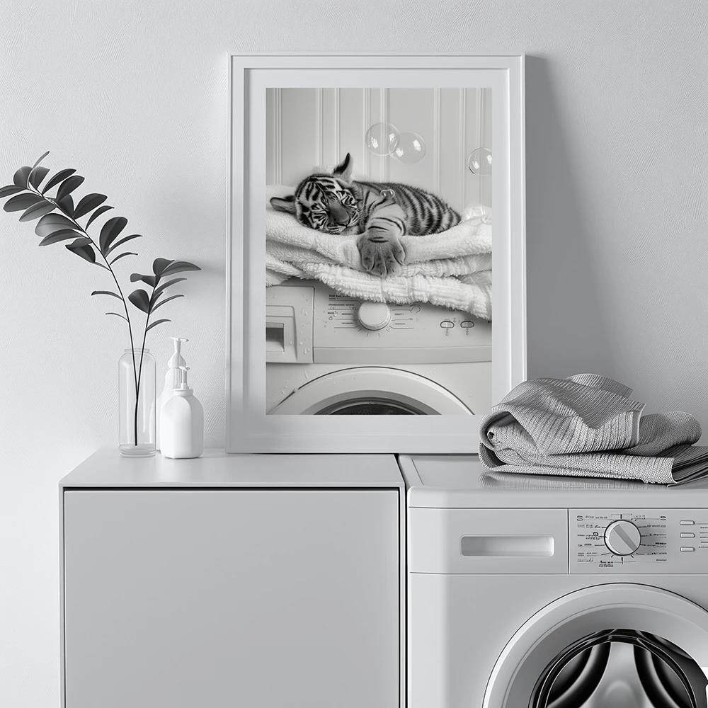 Washing Machine Poster Laundry Room Decor Picture Funny Wall Art Utility Print Canvas Cute Giraffe Penguin Tiger in