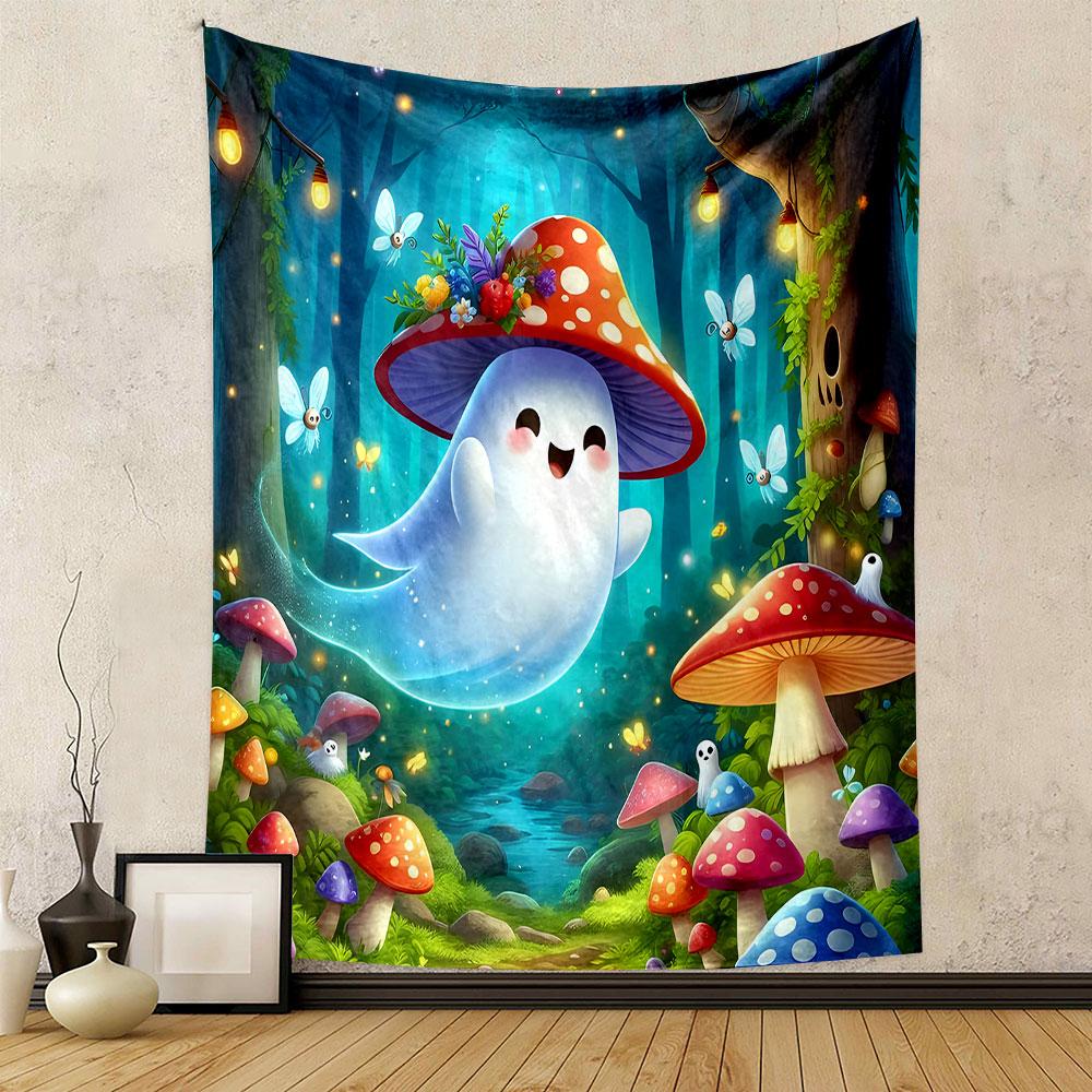 Happy Ghost in Magical Mushroom Forest Patterned Tapestry Decorative Wall Hanging, Home Bedroom Living Room Decor